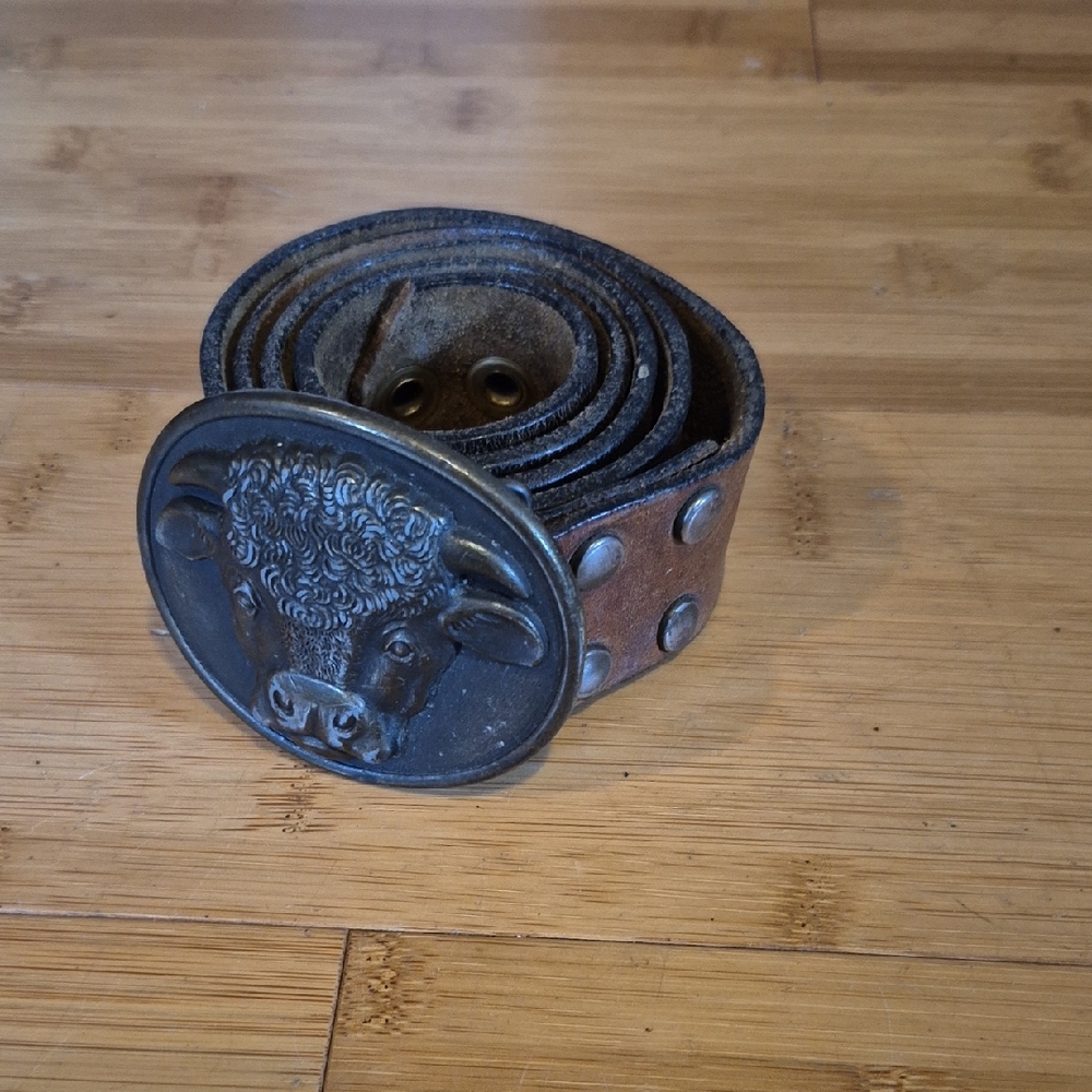 Men's Brown Leather Belt with Bull Buckle